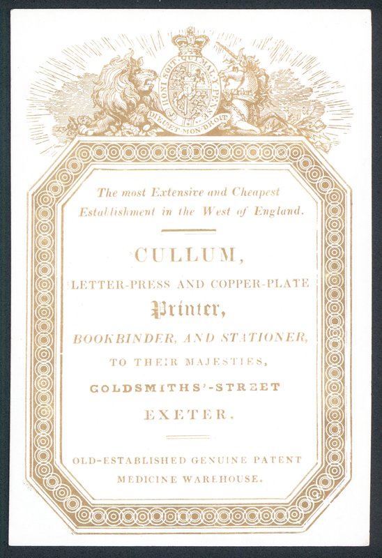 Cullum, Letter-Press og Copper-Plate Printer, handelskort af English School