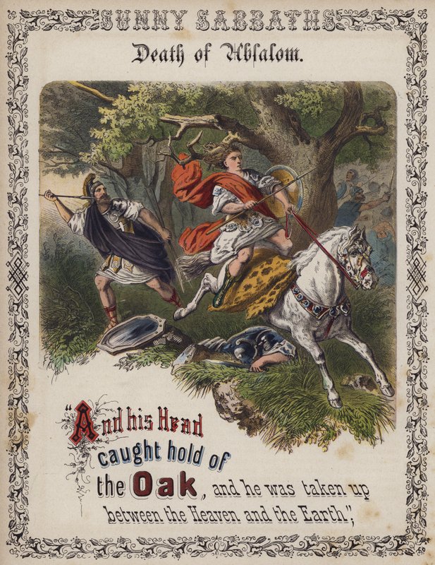 Absaloms død (farvet gravering) af English School