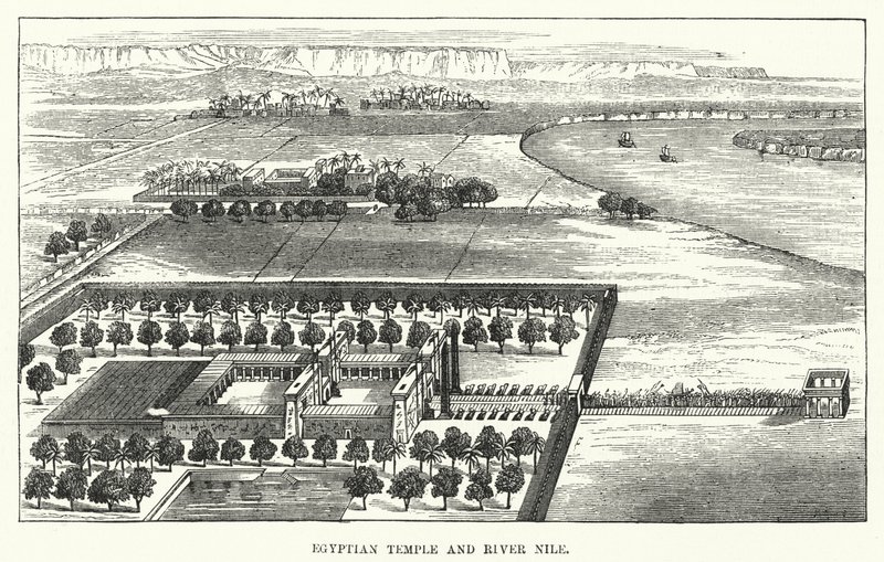 Egyptisk tempel og Nilen (gravering) af English School