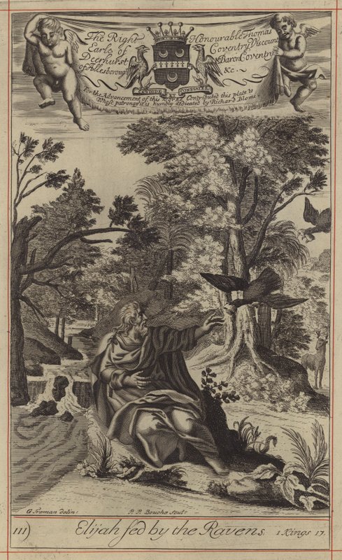 Elias fodret af ravnene (gravering) af English School