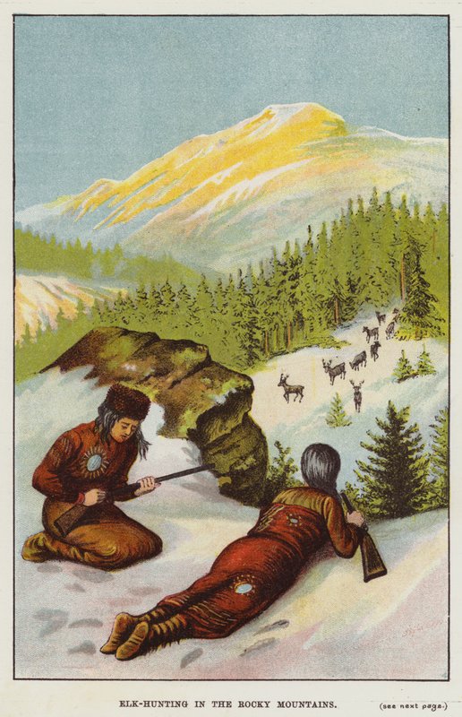 Elgjagt i Rocky Mountains (farve litho) af English School