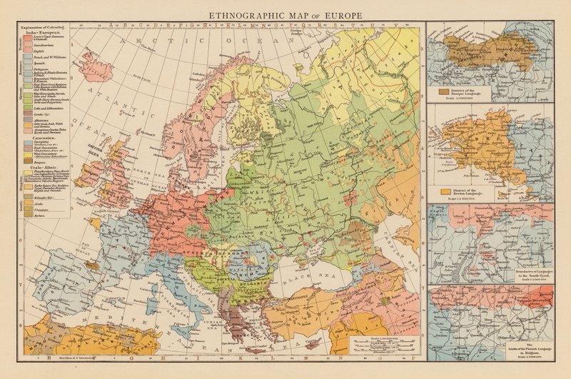 Etnografisk kort over Europa (farvelitografi) af English School