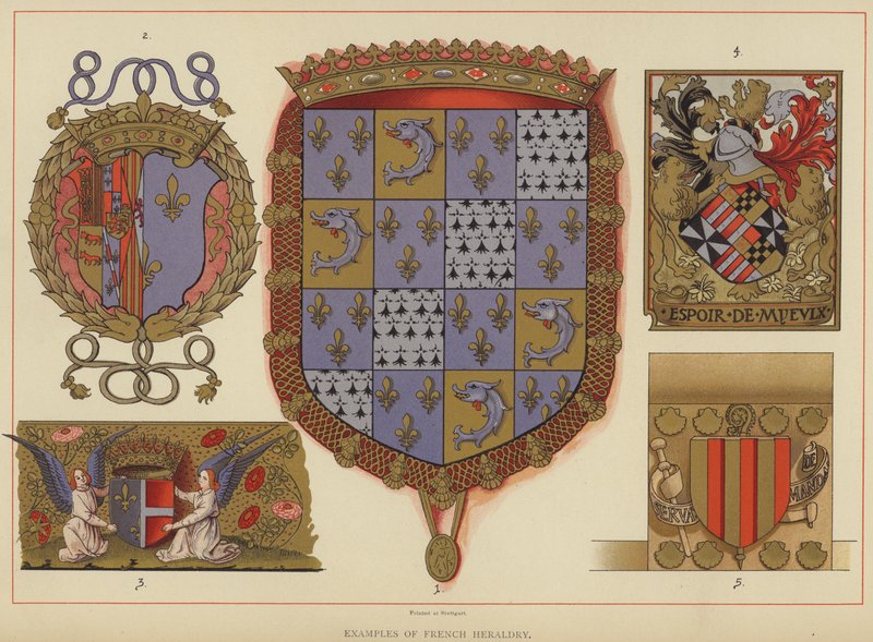 Eksempler på fransk heraldik (farve litho) af English School