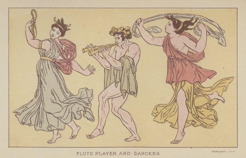 Fløjtespiller og dansere (farvelitografi) af English School