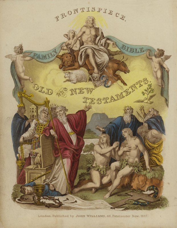 Frontispice fra en familiebibel (farve litho) af English School
