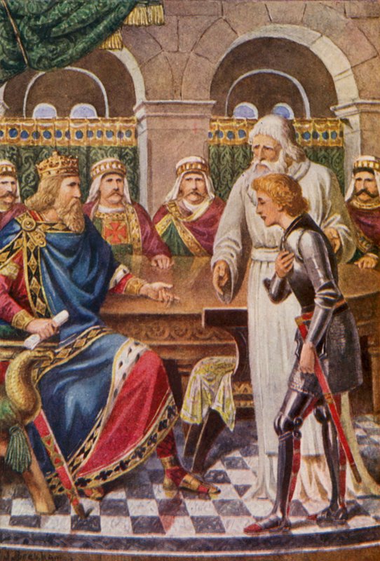 Galahad ved kong Arthurs hof (farvelitografi) af English School