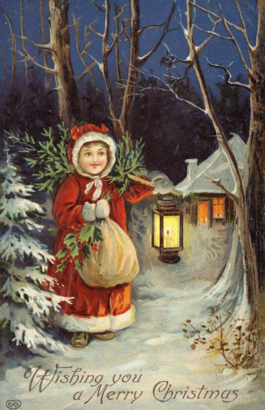 Pige i julemandens outfit (farve litho) af English School