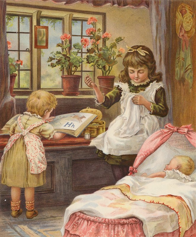 Pige, der passer på sine yngre søskende (chromolitho) af English School