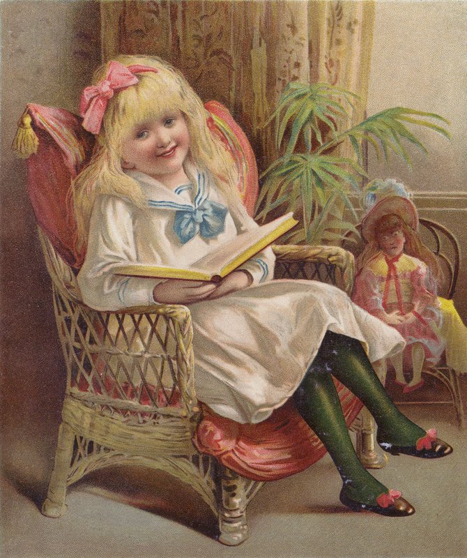 Pige læser i en stol (chromolitho) af English School