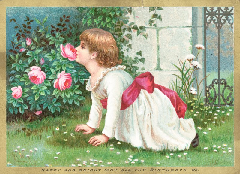 Pige, der lugter blomster, fødselsdagskort af English School