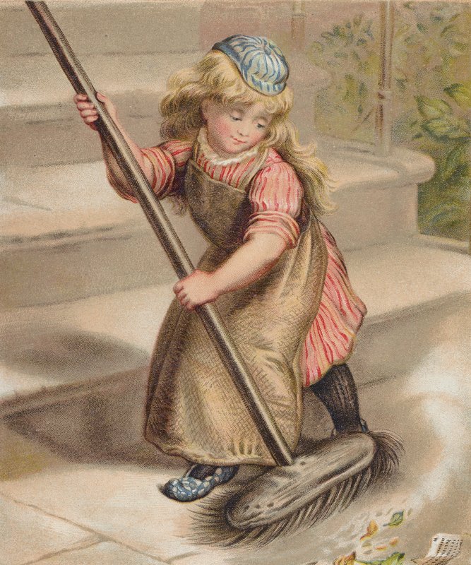 Pige fejer med en kost (chromolitho) af English School