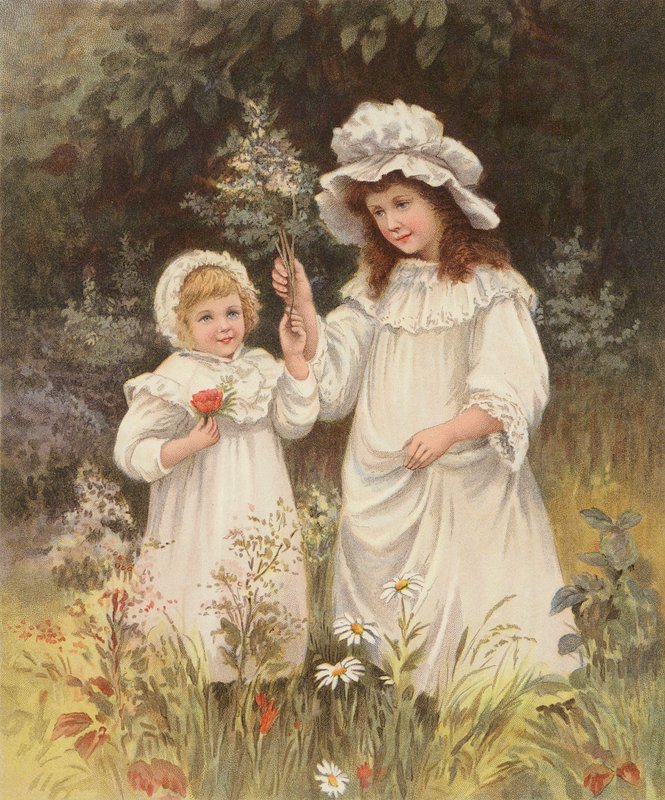 Piger plukker blomster på en eng (chromolitho) af English School