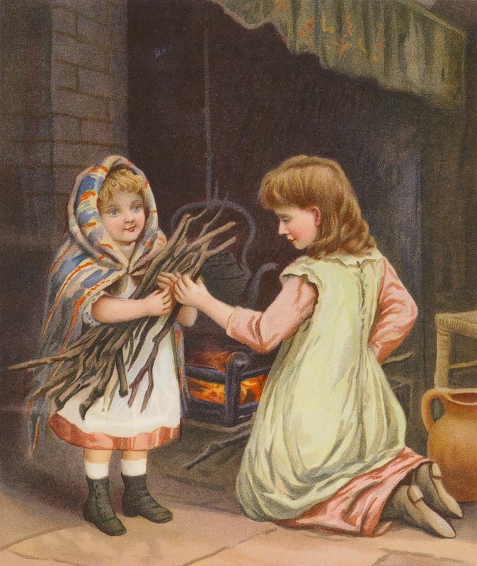 Piger lægger brænde på bålet (chromolitho) af English School