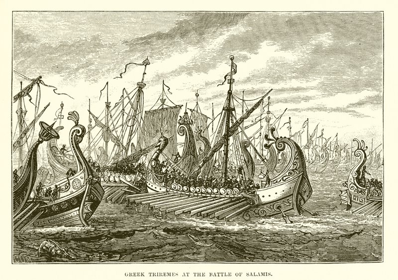 Græske Triremes i slaget ved Salamis af English School