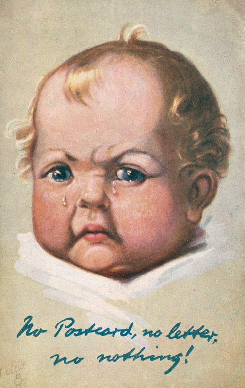 Grumpy baby græder (farve litho) af English School