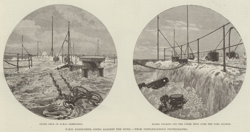 HMS Sanspareil går mod vinden (gravering) af English School