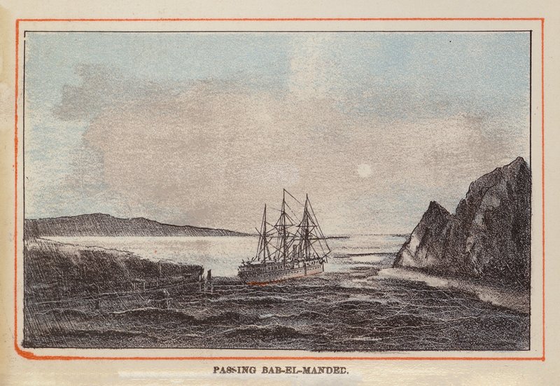 HM Indian Troop-Ship: Passage af Bab-El-Manded (koloreret stik) af English School