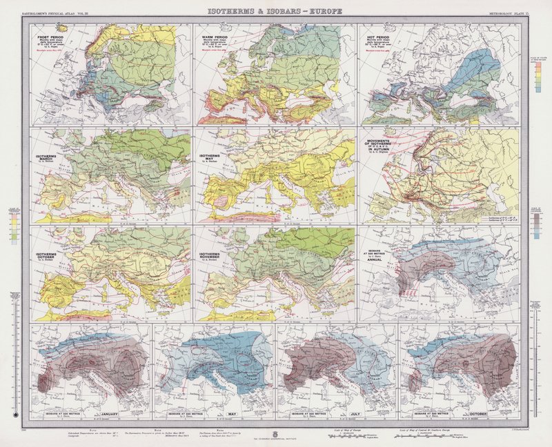 Isotermer og isobarer, Europa (farvelitografi) af English School