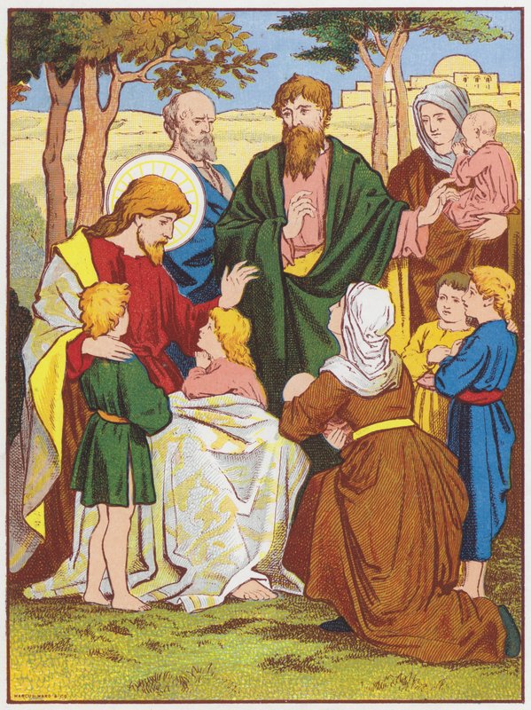 Jesus Kristus velsigner små børn (farve litho) af English School
