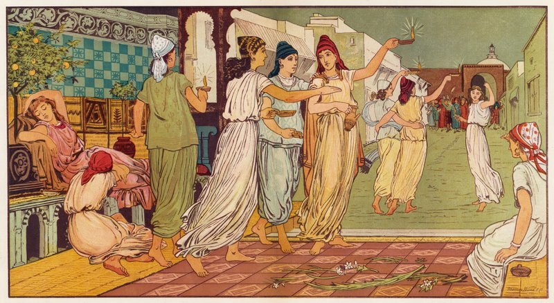 Jesu lignelser: De ti jomfruer (farve litho) af English School