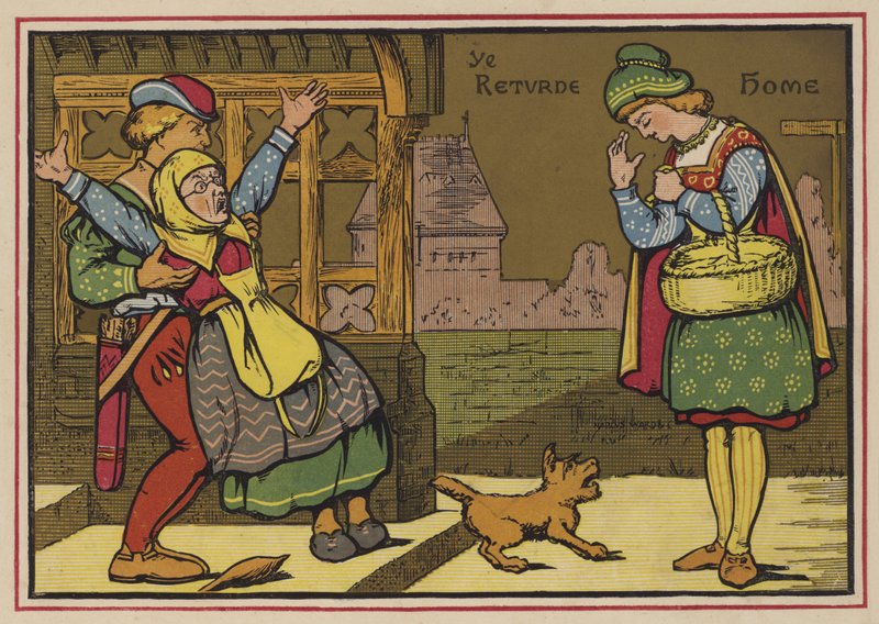 Lille markedskvinde (farve litho) af English School
