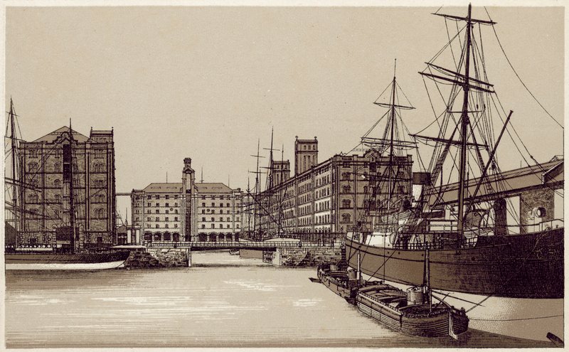 Liverpool: Waterloo Dock og kornlagre (litografi) af English School