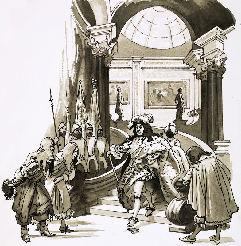 Ludvig XIV går ned af trapperne i Versailles af English School