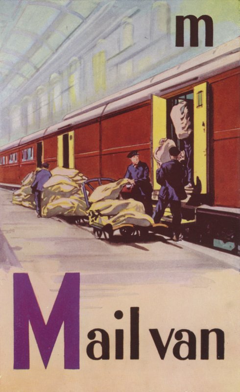 M, postvogn (farve litho) af English School