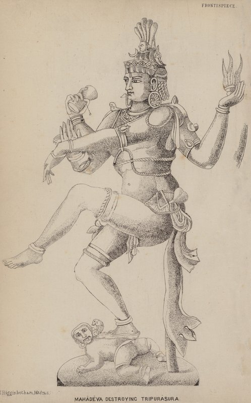 Mahadeva ødelægger Tripurasura (gravering) af English School