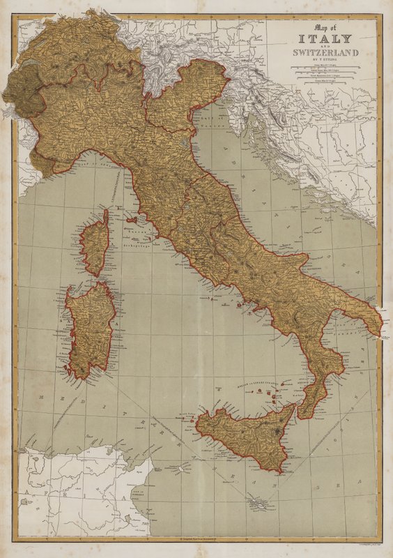 Kort over Italien og Schweiz (farve litho) af English School