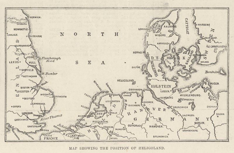 Kort, der viser Helgolands position (gravering) af English School