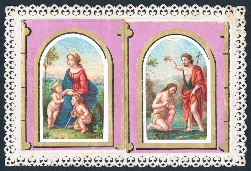 Maria, Jesus og engle, julekort af English School