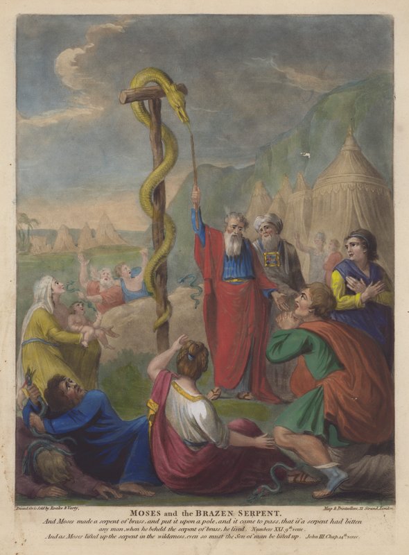Moses og den brazen slange (farve litho) af English School