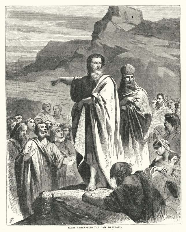 Moses øver loven til Israel (gravering) af English School