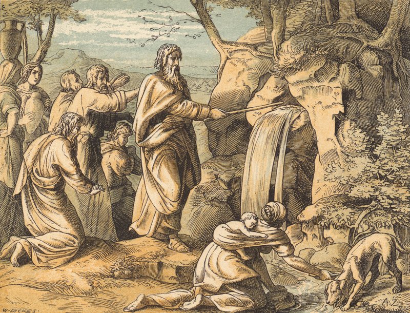 Moses slår klippen (farvet indgravering) af English School
