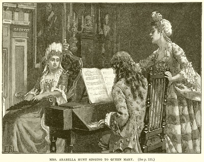 Fru Arabella Hunt synger for Queen Mary af English School