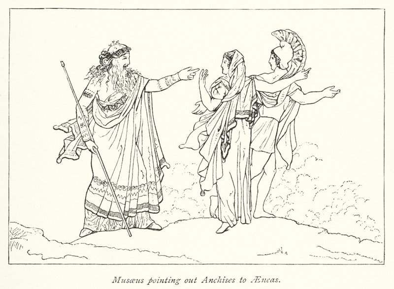 Musaeus peger på Anchises til Aeneas (litho) af English School