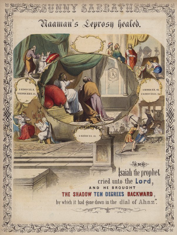 Naamans spedalskhed helbredt (farvet indgravering) af English School