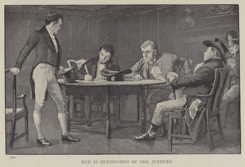 Ned bliver udspurgt af dommerne (litho) af English School