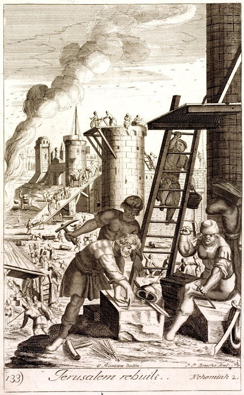 Nehemias genopbygger Jerusalems mure (gravering) af English School