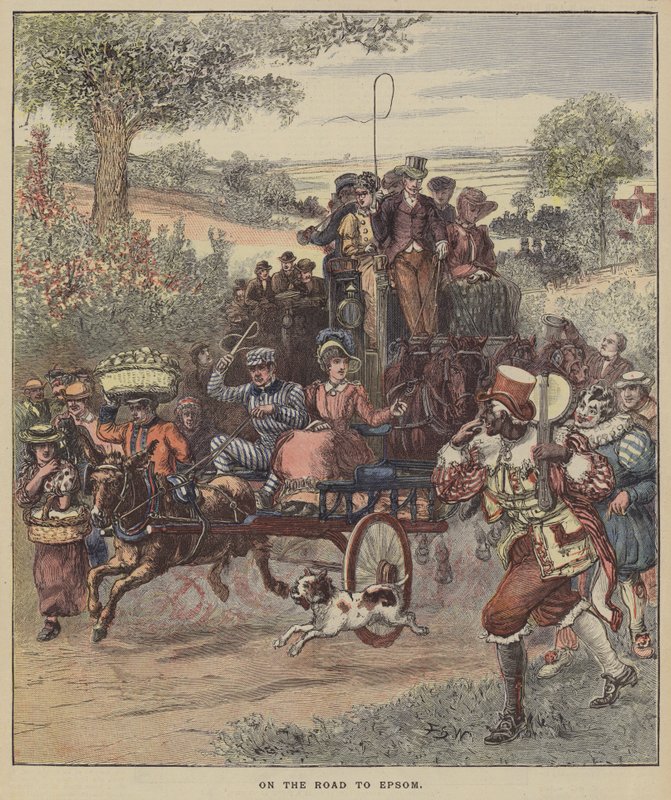 On the Road to Epsom (farvet gravering) af English School