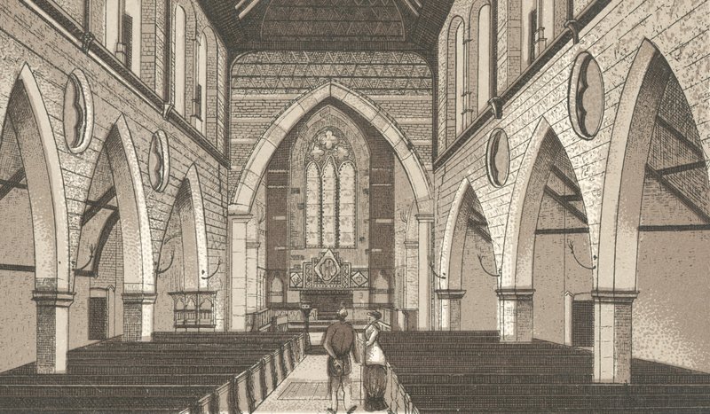 Penarth Church, interiør (litho) af English School