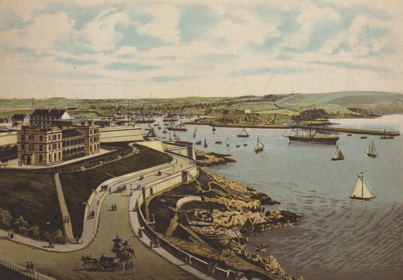 Plymouth: Biologisk Institut og Cattewater (farve litho) af English School