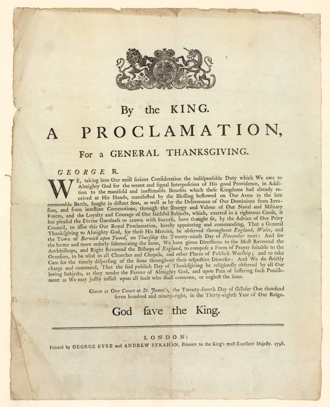 Proklamation til en almindelig taksigelse, 1798 af English School