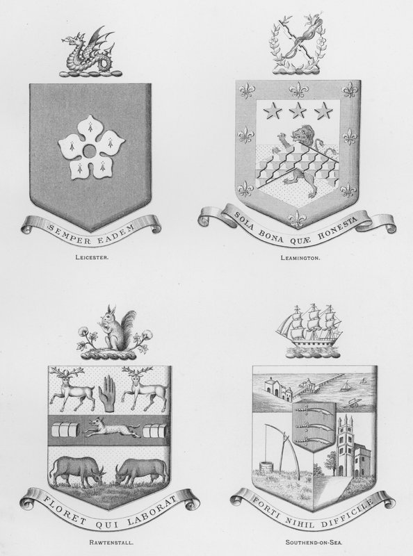 Offentlige våben: Leicester; Leamington; Rawtenstall; Southend-on-Sea (gravering) af English School