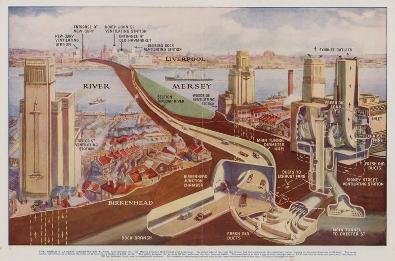 Queensway Tunnel, Liverpool, Merseyside (farve litho) af English School