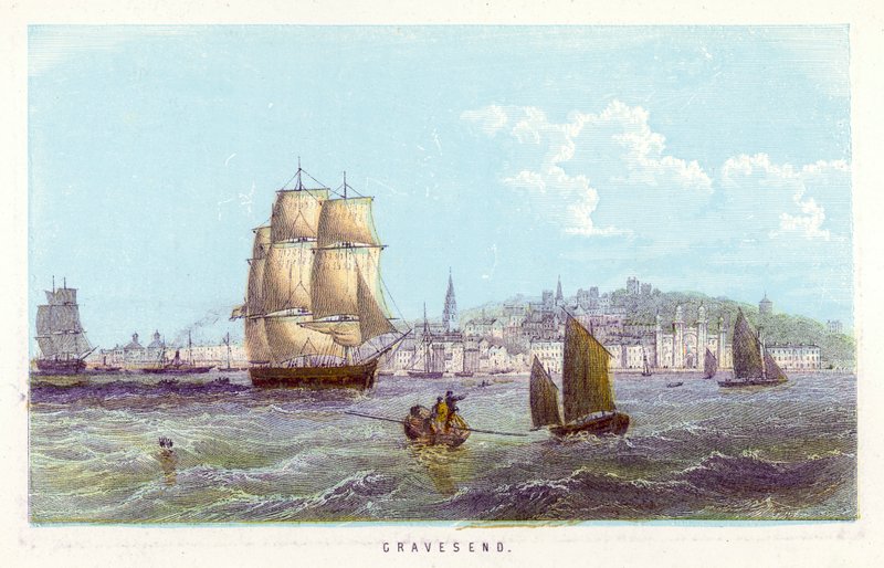 Themsen: Gravesend (farvet gravering) af English School