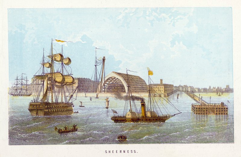 Themsen: Sheerness (farvet gravering) af English School