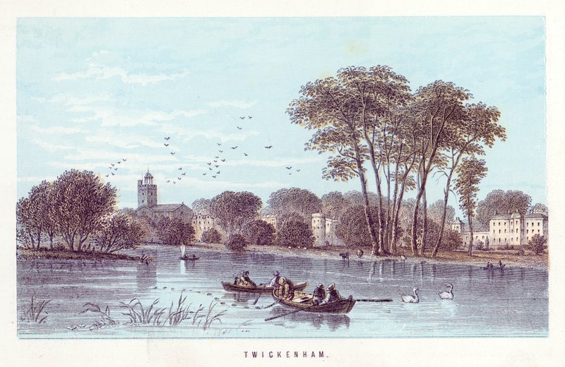 Themsen: Twickenham (farvet gravering) af English School