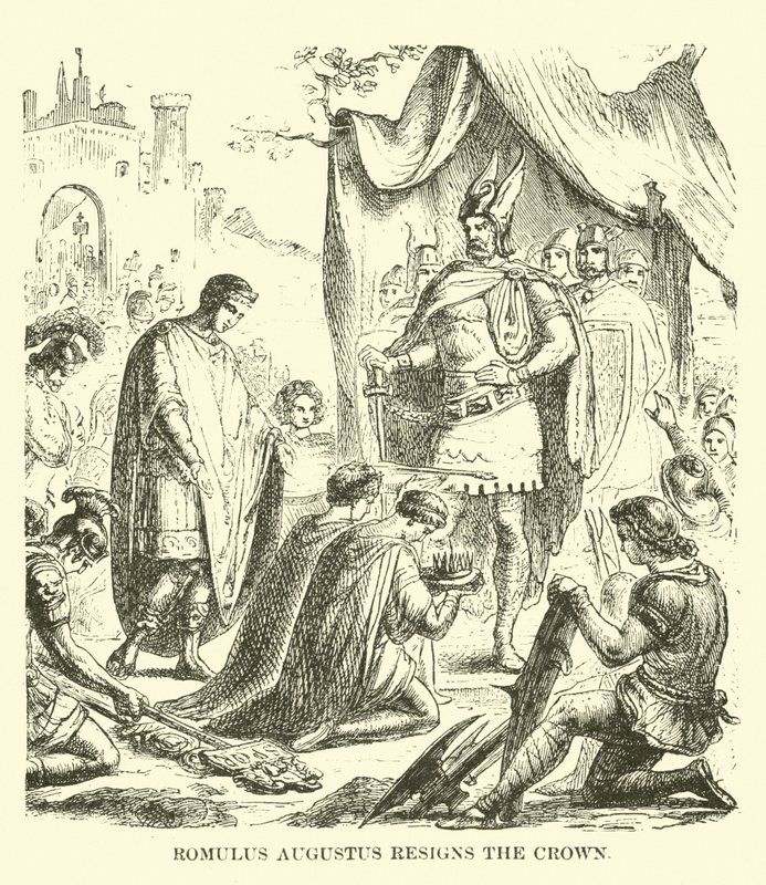 Romulus Augustus træder tilbage fra kronen af English School